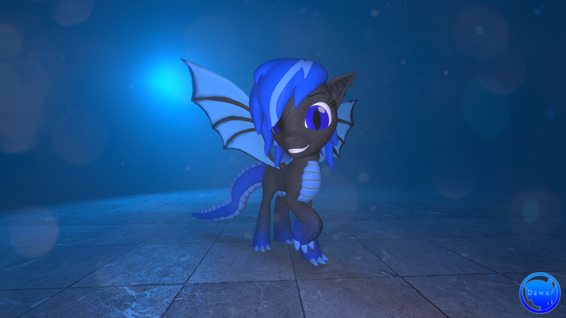 Size: 1920x1080 | Tagged: safe, artist:technickarts, derpibooru import, oc, oc:dawn calysta, unofficial characters only, dracony, dragon, hybrid, pony, 3d, claws, cute, dragon tail, ear fluff, fangs, lens flare, scales, slit eyes, source filmmaker, spiked tail, tiled floor, watermark, wings