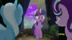 Size: 1280x720 | Tagged: safe, derpibooru import, screencap, starlight glimmer, trixie, twilight sparkle, twilight sparkle (alicorn), alicorn, pony, unicorn, no second prances, angry, butt, card, discovery family logo, female, furious, guilty, inside, knick knack, mare, nervous, night, plot, teacher and student, trio, trixie's wagon
