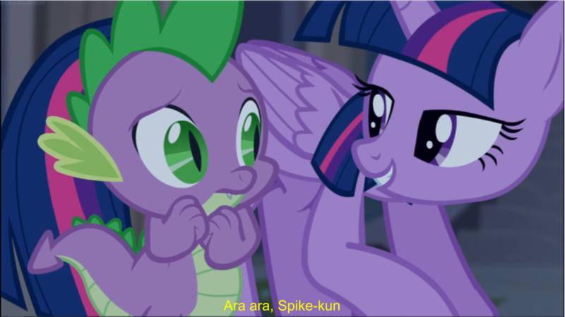 Size: 960x540 | Tagged: safe, derpibooru import, edit, edited screencap, editor:countcoltnackh, screencap, spike, twilight sparkle, twilight sparkle (alicorn), alicorn, dragon, pony, castle mane-ia, ara ara, bedroom eyes, exploitable meme, female, japanese, looking at each other, male, meme, scared, shipping, shitposting, smiling, straight, text, twispike