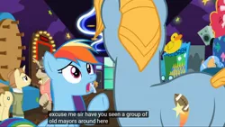 Size: 1920x1080 | Tagged: safe, derpibooru import, edit, edited screencap, screencap, rainbow dash, pony, grannies gone wild, butt, caption, mayor, meme, plot, youtube caption