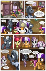 Size: 2030x3130 | Tagged: safe, artist:sirzi, derpibooru import, apple bloom, scootaloo, sweetie belle, earth pony, pegasus, pony, unicorn, comic:talisman for a pony, bow, clothes, comic, female, filly, hair bow, helmet, jackie chan adventures, scooter, speech bubble, talisman, trio