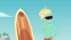 Size: 1280x720 | Tagged: safe, derpibooru import, screencap, gladys, zephyr breeze, blue crushed, equestria girls, equestria girls series, clothes, male, partial nudity, sunglasses, surfboard, topless, zephyr's necklace