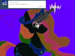 Size: 1076x806 | Tagged: safe, artist:eeveeglaceon, derpibooru import, princess celestia, alicorn, pony, tumblr:the sun has inverted, angry, ask, betrayal, blue background, blue sun, civil war, color change, correstia, corrupted, corrupted celestia, corruptia, darkened coat, divided equestria, female, glowing horn, green eye, horn, implied fight, indigo background, insanity, inversion spell, invert princess celestia, inverted, inverted colors, inverted princess celestia, multicolored hair, possessed, possession, possesstia, purple background, rage, rainbow hair, sidemouth, simple background, solo, tumblr, violet background, word balloon, word bubble