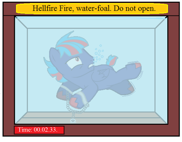 Size: 1078x838 | Tagged: safe, derpibooru import, oc, oc:hellfire, pony, pony creator, asphyxiation, bondage, box, breathplay, chains, colt, cuffs, drowning, foal, male, parody, peril, timer, underwater, water tank