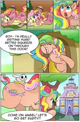 Size: 1800x2740 | Tagged: safe, artist:candyclumsy, artist:multi-commer, derpibooru import, applejack, fluttershy, pinkie pie, rainbow dash, oc, hybrid, pegasus, pony, comic:the great big fusion, angel, bowler hat, braided tail, comic, fusion, fusion:fluttering zap apple pie, fusion:zap apple cake, hair bun, hat, melting, merge, merging, the ass was fat, xk-class end-of-the-world scenario