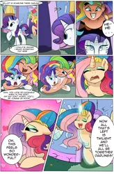 Size: 1800x2740 | Tagged: safe, artist:candyclumsy, artist:multi-commer, derpibooru import, applejack, fluttershy, pinkie pie, rainbow dash, rarity, oc, alicorn, hybrid, pegasus, pony, unicorn, comic:the great big fusion, comic, eyelashes, eyeshadow, fusion, fusion:excellent pasture eclair, fusion:fluttering zap apple pie, hair bun, makeup, melting, merge, merging, xk-class end-of-the-world scenario