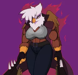 Size: 1257x1219 | Tagged: suggestive, artist:droll3, derpibooru import, gilda, anthro, gryphon, aura, big breasts, breasts, busty gilda, cleavage, clothes, coat, covered nipples, devil may cry, devil may cry 5, female, fingerless gloves, gloves, midriff, muscles, rippda, simple background, solo, solo female, weapon