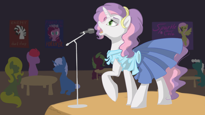 Size: 3000x1687 | Tagged: safe, artist:inersdraco, derpibooru import, fluttershy, pinkie pie, sweetie belle, earth pony, pegasus, pony, unicorn, zebra, fallout equestria, fanfic, advertisement, clothes, dress, fanfic art, female, flying, forever, hooves, horn, looking at you, mare, microphone, ministry mares, ministry of morale, older, older sweetie belle, open mouth, performance, pinkie pie is watching you, poster, propaganda, raised hoof, singing, sitting, solo focus, sparkle cola, spread wings, stage, standing, text, wings