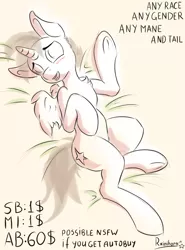 Size: 3880x5250 | Tagged: safe, artist:rainihorn, derpibooru import, alicorn, earth pony, pegasus, pony, unicorn, advertisement, bed, bedroom eyes, commission, laying on bed, lying down, on bed, open mouth, sketch, text, underhoof, ych example, your character here