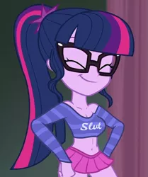 Size: 747x892 | Tagged: suggestive, derpibooru import, edit, edited screencap, screencap, sci-twi, twilight sparkle, all the world's off stage, equestria girls, equestria girls series, all the world's off stage: twilight sparkle, belly button, bimbo, bimbo edit, bimbo sparkle, breast edit, breasts, busty sci-twi, busty twilight sparkle, clothes, female, glasses, midriff, miniskirt, pleated skirt, ponytail, sci-twi is a turboslut, skirt, slut, slut shirt, solo, solo female