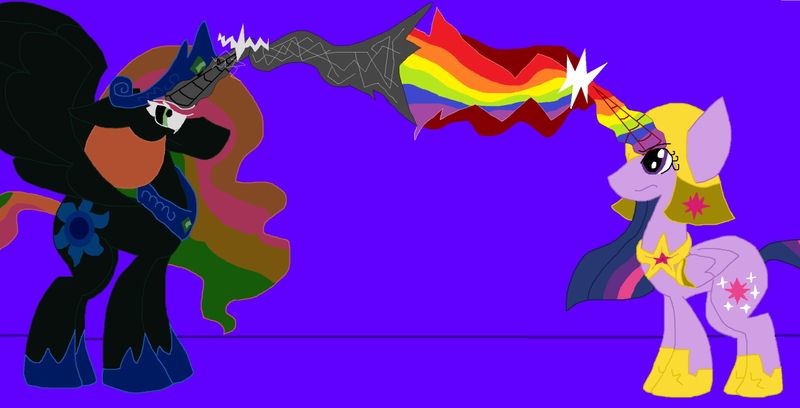 Size: 1280x652 | Tagged: safe, artist:eeveeglaceon, derpibooru import, princess celestia, twilight sparkle, twilight sparkle (alicorn), alicorn, pony, tumblr:the sun has inverted, angry, armor, beam struggle, blast, blue background, blue sun, civil war, color change, correstia, corrupted, corrupted celestia, corruptia, darkened coat, divided equestria, duo, duo female, female, fight, glowing horn, green eye, horn, indigo background, insanity, inversion attempt, inversion spell, invert princess celestia, inverted, inverted colors, inverted princess celestia, magic, magic aura, magic beam, magic blast, multicolored hair, multicolored magic, possessed, possesstia, purple background, rainbow, rainbow hair, rainbow magic aura, rainbow magic beam, rainbow magic blast, rainbow magic power, rainbow power, rebellion, resistance, reversal attempt, reversion attempt, sidemouth, simple background, tumblr, violet background