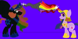 Size: 1280x652 | Tagged: safe, artist:eeveeglaceon, derpibooru import, princess celestia, twilight sparkle, twilight sparkle (alicorn), alicorn, pony, tumblr:the sun has inverted, angry, armor, beam struggle, blast, blue background, blue sun, civil war, color change, correstia, corrupted, corrupted celestia, corruptia, darkened coat, divided equestria, duo, duo female, female, fight, glowing horn, green eye, horn, indigo background, insanity, inversion attempt, inversion spell, invert princess celestia, inverted, inverted colors, inverted princess celestia, magic, magic aura, magic beam, magic blast, multicolored hair, multicolored magic, possessed, possesstia, purple background, rainbow, rainbow hair, rainbow magic aura, rainbow magic beam, rainbow magic blast, rainbow magic power, rainbow power, rebellion, resistance, reversal attempt, reversion attempt, sidemouth, simple background, tumblr, violet background