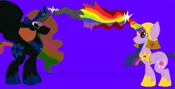 Size: 1280x652 | Tagged: safe, artist:eeveeglaceon, derpibooru import, princess celestia, twilight sparkle, twilight sparkle (alicorn), alicorn, pony, tumblr:the sun has inverted, angry, armor, beam struggle, blast, blue background, blue sun, civil war, color change, correstia, corrupted, corrupted celestia, corruptia, darkened coat, divided equestria, duo, duo female, female, fight, glowing horn, green eye, horn, indigo background, insanity, inversion attempt, inversion spell, invert princess celestia, inverted, inverted colors, inverted princess celestia, magic, magic aura, magic beam, magic blast, multicolored hair, multicolored magic, possessed, possesstia, purple background, rainbow, rainbow hair, rainbow magic aura, rainbow magic beam, rainbow magic blast, rainbow magic power, rainbow power, rebellion, resistance, reversal attempt, reversion attempt, shrunken pupils, sidemouth, simple background, tumblr, violet background, wide eyes
