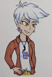 Size: 426x625 | Tagged: artist:metalamethyst, clothes, derpibooru import, ear piercing, gilda, hand on hip, human, humanized, jacket, jewelry, leather jacket, necklace, piercing, ripped, ripped shirt, safe, shirt, short hair, smiling, smirk, traditional art