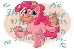 Size: 1800x1200 | Tagged: safe, artist:colorfulcolor233, derpibooru import, pinkie pie, earth pony, pony, abstract background, chest fluff, cute, digital art, extended trot pose, female, food, happy, mare, pi day, pie, pink, ponk, raised hoof, solo, teeth, text