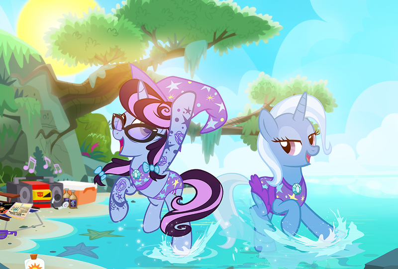 Size: 1100x743 | Tagged: safe, artist:pixelkitties, derpibooru import, trixie, oc, oc:pixelkitties, pony, unicorn, beach, beach chair, birthday, blaster, boombox, clothes, duo, hat, headphones, mount aris, music notes, party, sunglasses, swimsuit, transformers, tree, trixie's hat, water