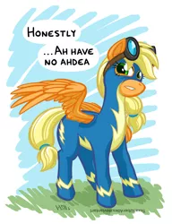 Size: 720x937 | Tagged: safe, artist:texasuberalles, derpibooru import, applejack, pegasus, pony, clothes, female, flapplejack, goggles, looking back, mare, race swap, solo, speech bubble, uniform, wonderbolts uniform