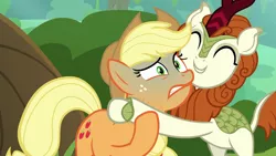 Size: 1280x720 | Tagged: safe, derpibooru import, edit, edited screencap, screencap, applejack, autumn blaze, earth pony, kirin, pony, sounds of silence, abuse, asphyxiation, female, jackabuse, mare