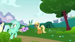 Size: 1920x1080 | Tagged: safe, derpibooru import, screencap, apple cobbler, bon bon, daisy, flower wishes, lyra heartstrings, sea swirl, seafoam, sweetie drops, earth pony, pony, unicorn, no second prances, apple family member, background pony, eyes closed, female, glasses, mare, mouth hold, on back, park, tree