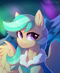 Size: 4120x5000 | Tagged: safe, artist:fensu-san, derpibooru import, oc, oc:summer ray, unofficial characters only, pegasus, pony, absurd resolution, aurora borealis, bust, clothes, female, hairpin, mare, mountain, night, night sky, portrait, sky, snow, solo, spread wings, starry night, wing fluff, wings, winter