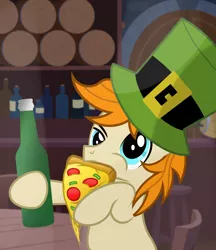 Size: 2500x2900 | Tagged: artist:pizzamovies, barrel, bottle, bust, cheese, derpibooru import, drunk, food, leprechaun hat, male, meat, oc, oc:pizzamovies, pepperoni, pepperoni pizza, pizza, pizzabeard, raised hoof, safe, smiling, solo, stallion, unofficial characters only