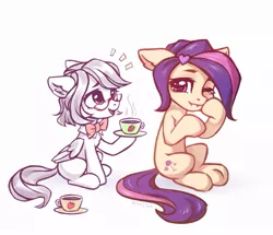 Size: 975x837 | Tagged: safe, artist:inowiseei, derpibooru import, oc, oc:amethyst arkin, oc:sofi, unofficial characters only, earth pony, pegasus, pony, cute, duo, female, food, mare, mug, simple background, sitting, tea, underhoof, white background