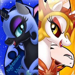 Size: 1073x1075 | Tagged: artist needed, source needed, safe, artist:christadoodles, artist:zouis-malikson, derpibooru import, edit, daybreaker, nightmare moon, pony, blue eyes, evil, moon, orange eyeshadow, purple eyeshadow, sharp teeth, sun, teeth, yellow eyes