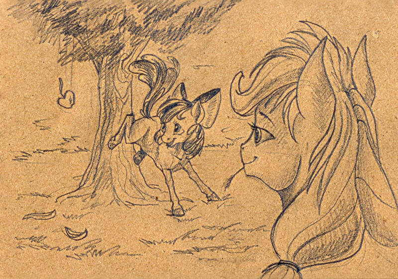 Size: 1024x718 | Tagged: safe, artist:skyaircobra, derpibooru import, apple bloom, applejack, earth pony, pony, apple, apple tree, applebucking, duo, duo female, female, filly, food, mare, monochrome, smiling, traditional art, tree