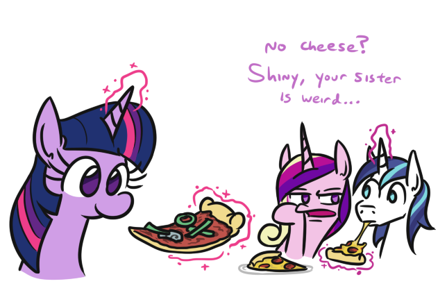 Size: 644x412 | Tagged: safe, artist:jargon scott, derpibooru import, princess cadance, shining armor, twilight sparkle, alicorn, pony, unicorn, bust, cheese, dialogue, female, food, glowing horn, horn, magic, male, mare, meat, peetzer, pepperoni, pepperoni pizza, pizza, ponies eating meat, simple background, stallion, telekinesis, they're just so cheesy, trio, turophobia, vegan, vegetables, vegetarian, white background