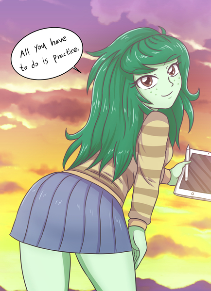 Size: 2479x3424 | Tagged: safe, artist:sumin6301, derpibooru import, wallflower blush, equestria girls, equestria girls series, forgotten friendship, adorasexy, ass, butt, clothes, cute, dialogue, female, flowerbetes, freckles, looking at you, looking back, looking back at you, miniskirt, pleated skirt, sexy, skirt, smiling, solo, speech bubble, stylus, sweater, tablet, thighs, wallflower butt
