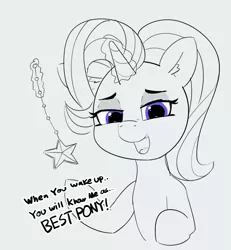 Size: 1280x1383 | Tagged: safe, artist:pabbley, derpibooru import, starlight glimmer, pony, unicorn, starlight the hypnotist, spoiler:interseason shorts, 30 minute art challenge, best pony, dialogue, female, glowing horn, horn, hypnosis, looking at you, magic, mare, monochrome, open mouth, partial color, pendulum swing, smiling, solo, talking to viewer