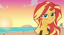 Size: 2165x1191 | Tagged: safe, artist:kingdark0001, derpibooru import, sunset shimmer, equestria girls, equestria girls series, bare shoulders, beach, beautiful, bedroom eyes, blushing, clothes, female, lidded eyes, looking at you, ocean, pun, sand, sleeveless, solo, sunset, swimsuit, this will end in kisses, visual pun