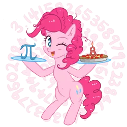 Size: 3141x3141 | Tagged: safe, artist:yinglongfujun, derpibooru import, pinkie pie, pony, candle, cute, food, one eye closed, open mouth, pi day, pie, pinkie pi, simple background, solo, transparent background, wink
