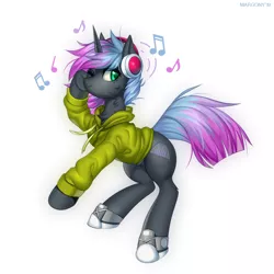 Size: 1200x1200 | Tagged: safe, artist:margony, derpibooru import, oc, oc:soundboard, unofficial characters only, pony, unicorn, clothes, commission, converse, female, headphones, hoodie, mare, music notes, shoes, simple background, smiling, solo, underhoof, white background