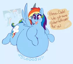 Size: 3114x2712 | Tagged: suggestive, artist:graphenescloset, derpibooru import, rainbow dash, pegasus, pony, adorafatty, apple cider, belly, big belly, cider dash, cute, dashabetes, dialogue, fat, female, flying, heart eyes, huge belly, implied applejack, impossibly fat mare, impossibly large belly, large belly, mare, morbidly obese, obese, rainblob dash, scene interpretation, smiling, solo, stomach noise, that pony sure does love cider, tongue out, tubby wubby pony waifu, wingding eyes