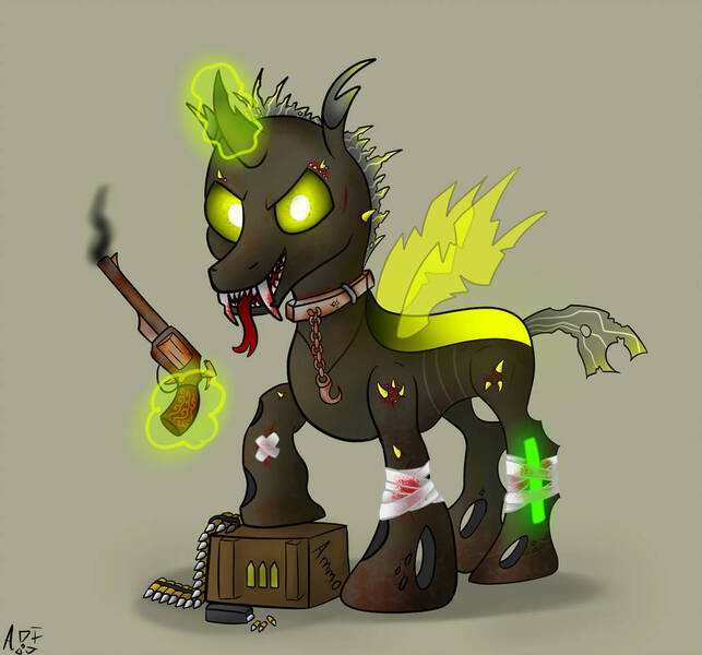 Size: 1024x956 | Tagged: semi-grimdark, artist:atomfliege, derpibooru import, oc, oc:warplix, unofficial characters only, changeling, fallout equestria, ammo belt, ammobox, bandage, blood, changeling oc, collar, glowstick, gun, handgun, injured, looking at you, magic, magic aura, male, mutation, plaster, radioactive, revolver, simple background, smoke, solo, teeth, telekinesis, tongue out, weapon, yellow changeling