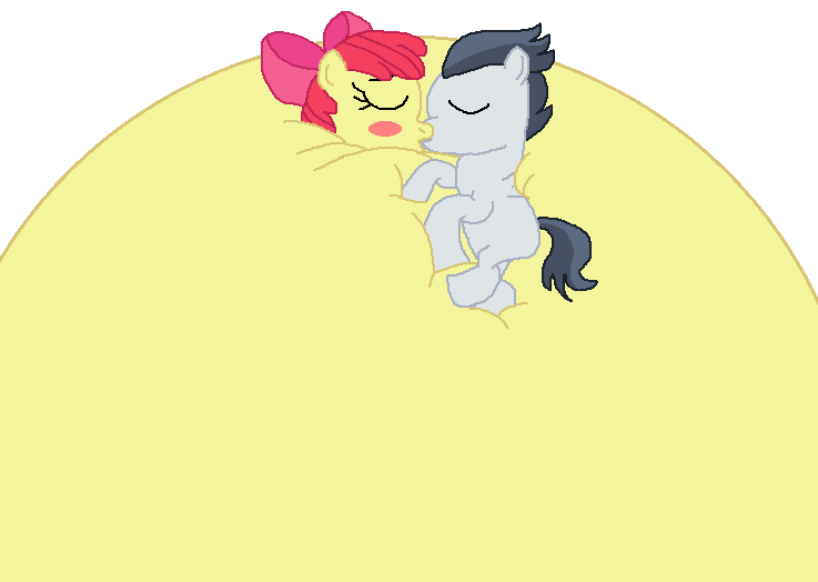 Size: 737x524 | Tagged: apple bloom, artist:theinflater19, blushing, derpibooru import, female, inflation, kissing, male, questionable, rumble, rumbloom, shipping, simple background, straight, white background