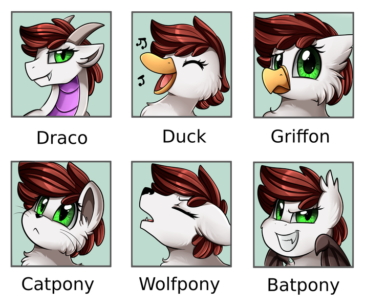 Size: 2349x1978 | Tagged: safe, artist:pridark, derpibooru import, oc, oc:graph travel, unofficial characters only, bat pony, bird, cat, cat pony, dracony, dragon, duck, duck pony, gryphon, hybrid, original species, pony, wolf, wolf pony, bat ponified, bat wings, confused, dragonified, duckified, ear fluff, fangs, graph believe being bird, griffon oc, griffonized, happy, howling, looking at you, music notes, race swap, singing, smiling, smirk, solo, species swap, transformation, wings, wolfied