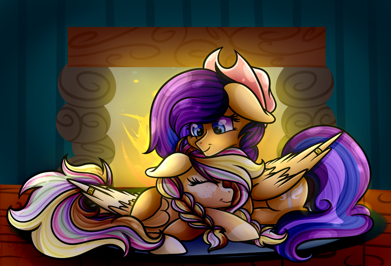 Size: 1800x1224 | Tagged: safe, artist:xxmelody-scribblexx, derpibooru import, oc, oc:melody scribble, oc:sharlyn, unofficial characters only, pegasus, pony, female, fireplace, hat, mare, prone