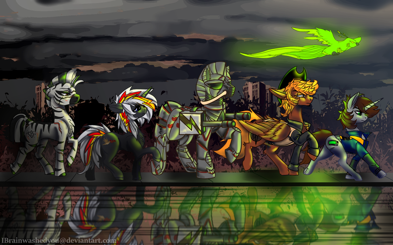 Size: 1920x1200 | Tagged: safe, artist:brainiac, derpibooru import, oc, oc:calamity, oc:littlepip, oc:pyrelight, oc:steelhooves, oc:velvet remedy, oc:xenith, oc:zenith, unofficial characters only, balefire phoenix, bird, earth pony, pegasus, phoenix, pony, unicorn, zebra, fallout equestria, fanfic, applejack's rangers, armor, clothes, cloud, cloudy, cowboy hat, cutie mark, dashite, fanfic art, female, floppy ears, flying, group, gun, hat, hooves, horn, male, mare, pipbuck, power armor, scar, stallion, steel ranger, vault suit, walking, wasteland, weapon, wings, zebra oc