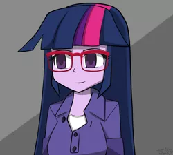 Size: 1000x900 | Tagged: safe, artist:genericmlp, derpibooru import, twilight sparkle, equestria girls, clothes, female, glasses, simple background, smiling, solo