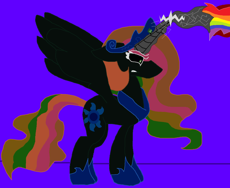 Size: 1280x1049 | Tagged: safe, artist:eeveeglaceon, derpibooru import, princess celestia, alicorn, pony, tumblr:the sun has inverted, angry, beam struggle, blast, blue background, blue sun, civil war, color change, correstia, corrupted, corrupted celestia, corruptia, darkened coat, divided equestria, female, fight, glowing horn, green eye, gritted teeth, horn, indigo background, insanity, inversion attempt, inversion spell, invert princess celestia, inverted, inverted colors, inverted princess celestia, magic, magic aura, magic beam, magic blast, multicolored hair, multicolored magic, possessed, possesstia, purple background, rage, rainbow, rainbow hair, rainbow magic aura, rainbow magic beam, rainbow magic blast, rainbow magic power, rainbow power, reversal attempt, reversion attempt, shrunken pupils, sidemouth, simple background, solo, tumblr, violet background, wall of tags, wide eyes