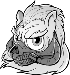 Size: 2597x2790 | Tagged: safe, artist:petirep, derpibooru import, oc, unofficial characters only, pony, buck legacy, angry, black and white, card art, grayscale, immortan joe, looking at you, mad max, mad max fury road, male, mask, monochrome, parody, simple background, solo, transparent background