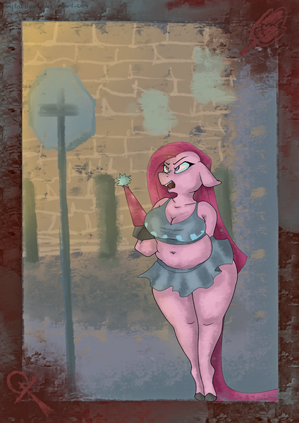 Size: 2480x3508 | Tagged: anthro, arm hooves, artist:longtailshort, big breasts, breasts, busty pinkie pie, chubbie pie, chubby, derpibooru import, fangs, fat, female, malkavian, pinkamena diane pie, pinkie pie, pudgy pie, solo, solo female, suggestive, vampire the masquerade, world of darkness