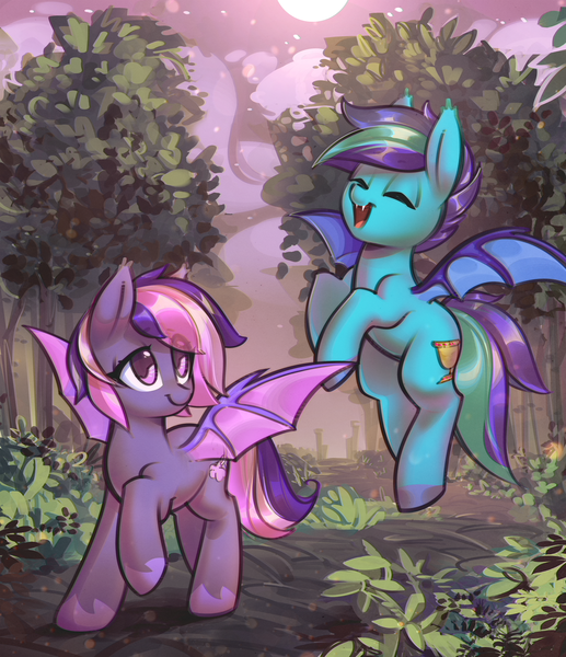 Size: 2933x3402 | Tagged: safe, artist:mirroredsea, derpibooru import, oc, oc:midnight mist, oc:sugar spirits, unofficial characters only, bat pony, pony, bat pony oc, bat wings, complex background, digital art, duo, eyes closed, fangs, female, flying, forest, grass, happy, mare, membranous wings, moon, night, raised hoof, smiling, spread wings, tree, wings