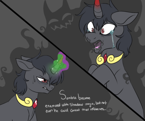 Size: 500x417 | Tagged: semi-grimdark, artist:lulubell, derpibooru import, king sombra, unicorn, 2 panel comic, alternate hairstyle, ask, askprincessluna, backstory, bags under eyes, comic, corrupted, crying, curved horn, dark magic, exposition, floppy ears, horn, jewelry, magic, missing accessory, necklace, panic, possession, red eyes, regalia, shadow, sweat, text, tumblr, younger