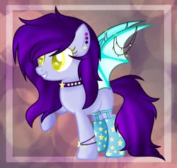 Size: 1900x1800 | Tagged: safe, artist:bloodlover2222, artist:space--paws0w0, derpibooru import, oc, oc:fake smiler, oc:partita keys, unofficial characters only, bat pony, pony, abstract background, bat pony oc, bat wings, bracelet, choker, clothes, colored pupils, ear piercing, earring, female, garters, grin, jewelry, mare, piercing, raised hoof, smiling, socks, solo, spiked choker, squee, stars, stockings, thigh highs, wing jewelry, wing piercing, wings