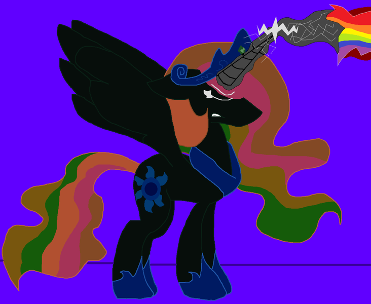 Size: 1280x1049 | Tagged: safe, artist:eeveeglaceon, derpibooru import, princess celestia, alicorn, pony, tumblr:the sun has inverted, angry, beam struggle, blast, blue background, blue sun, civil war, color change, correstia, corrupted, corrupted celestia, corruptia, darkened coat, divided equestria, eyes closed, female, fight, glowing horn, gritted teeth, horn, indigo background, insanity, inversion attempt, inversion spell, invert princess celestia, inverted, inverted colors, inverted princess celestia, magic, magic aura, magic beam, magic blast, multicolored hair, multicolored magic, possessed, possesstia, purple background, rage, rainbow, rainbow hair, rainbow magic aura, rainbow magic beam, rainbow magic blast, rainbow magic power, rainbow power, reversal attempt, reversion attempt, sidemouth, simple background, solo, tumblr
