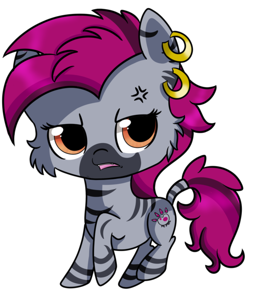 Size: 834x958 | Tagged: artist:rainbowtashie, chibi, cross-popping veins, derpibooru import, ear piercing, earring, female, jewelry, oc, oc:zjin-wolfwalker, piercing, quadrupedal, raised hoof, safe, simple background, solo, transparent background, zebra