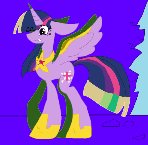 Size: 1240x1214 | Tagged: safe, artist:eeveeglaceon, derpibooru import, twilight sparkle, twilight sparkle (alicorn), alicorn, pony, tumblr:the sun has inverted, armor, blue background, brighter hair, civil war, color change, darkened coat, divided equestria, female, hoof shoes, indigo background, inversion attempt, inversion spell, inverted, inverted colors, lighter hair, partial inversion, property damage, purple background, rebellion, resistance, sidemouth, simple background, solo, tumblr, violet background